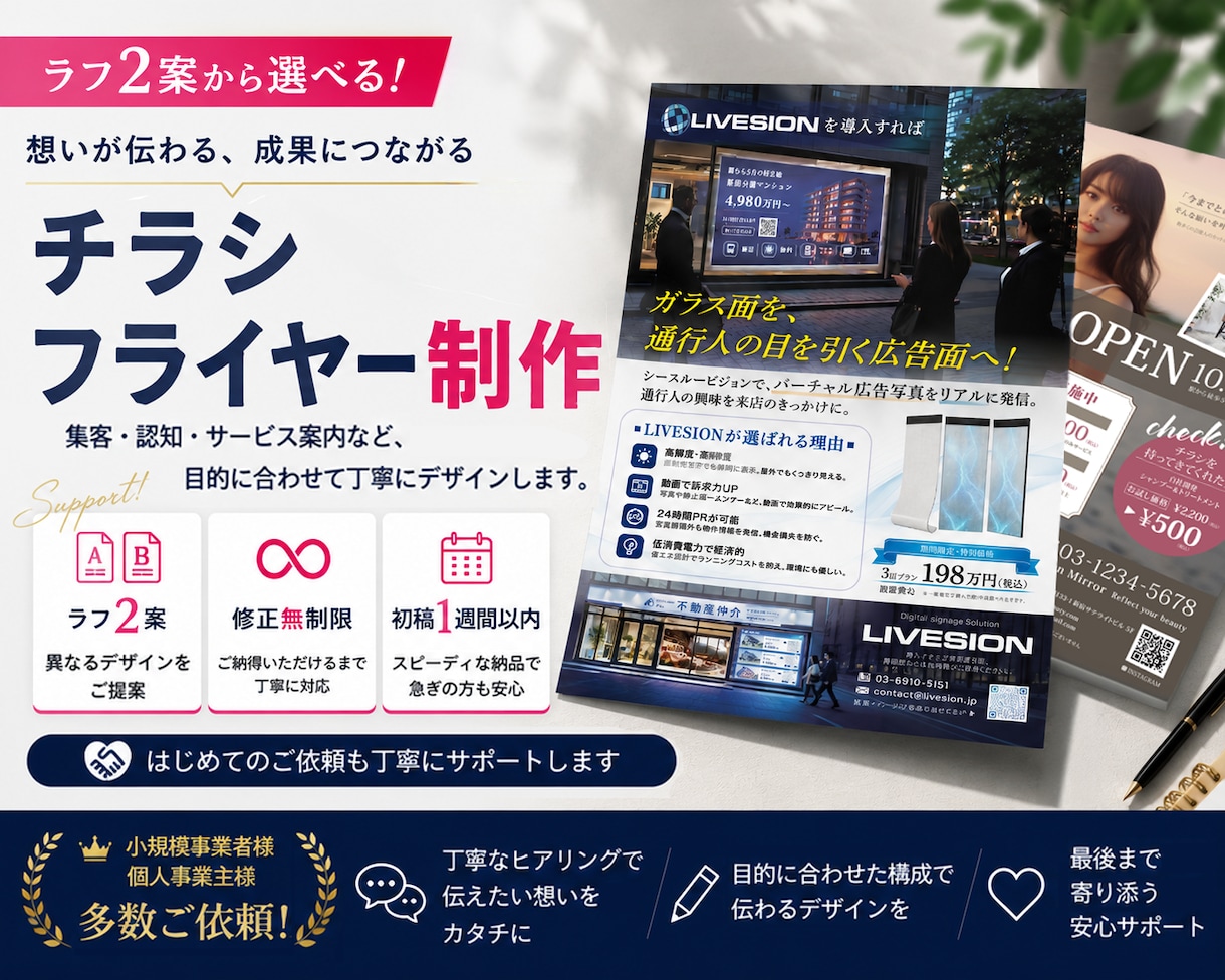 集客力・反応率UP！魅力が伝わるチラシを制作します ラフ2案×修正無制限・マンツーマンで初めての方も安心です！ イメージ1
