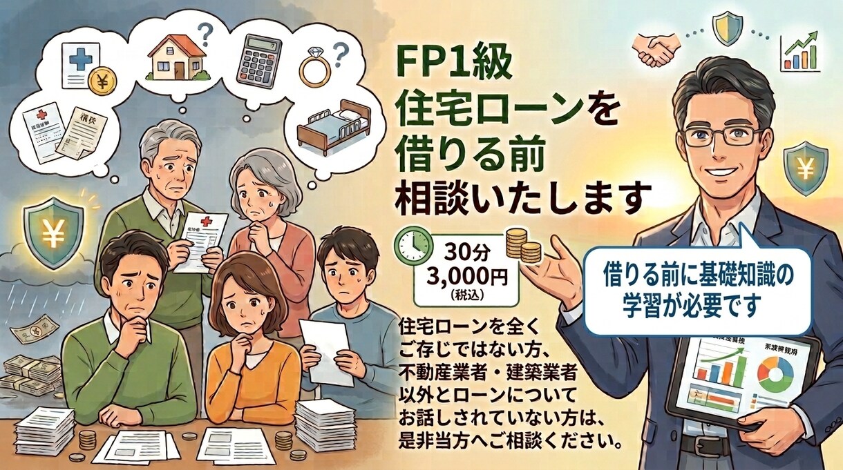 FP１級　住宅ローン「借りる前相談」いたします 住宅ローンは進められるがままに借りてはいけません。 イメージ1