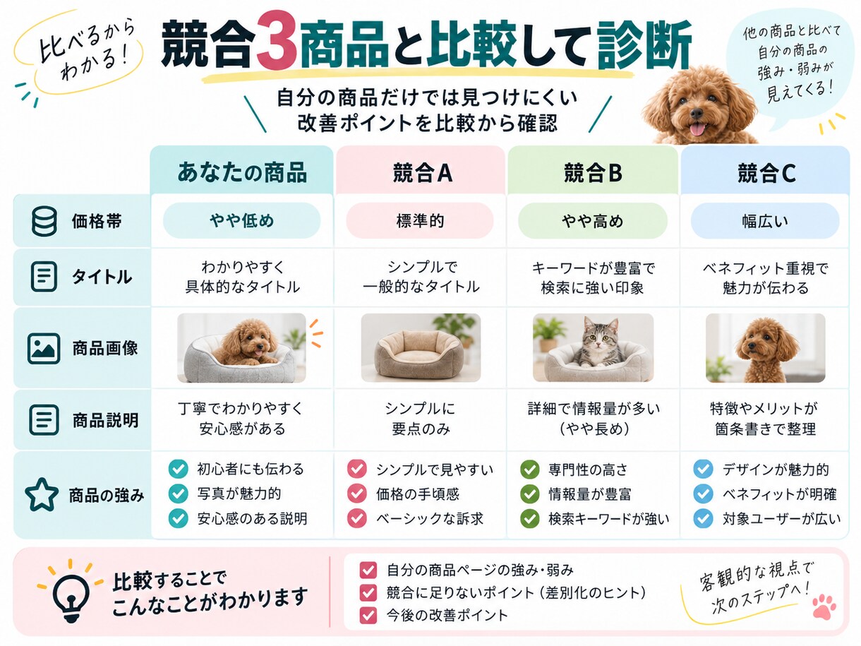 現役バイヤーがペット用品の商品ページを診断します 1商品・競合3点を比較｜改善の優先順位と着手3項目 イメージ3