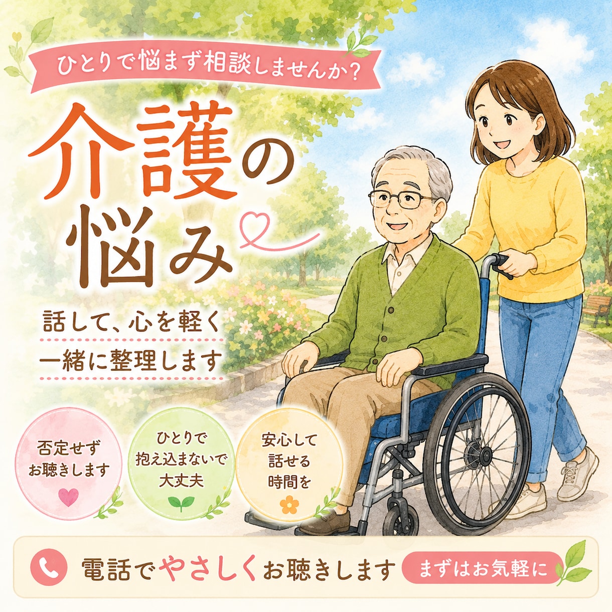 介護による悩みを聞きます 介護の悩みや不安を一人で抱え込まず、気軽にお話しください。 イメージ1