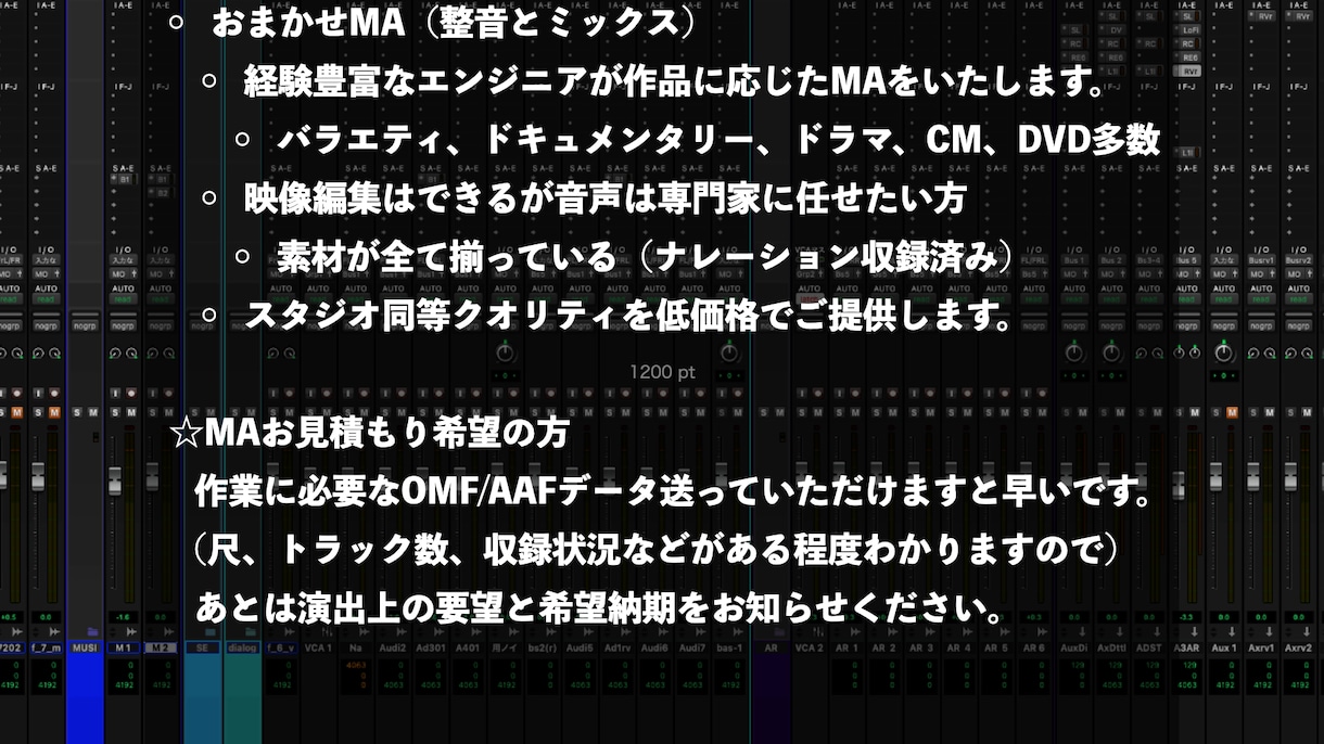 映像作品の整音、MA いたします CM、番組、VP、web作品をワンラックアップいたします。 イメージ2