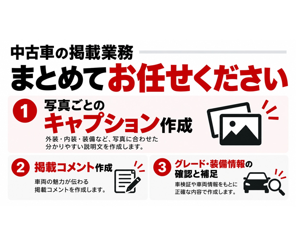 カーセンサー・グーネット掲載用の文章を作成します 車両情報と写真を送るだけ。掲載文章を1台分まとめて作成します イメージ2