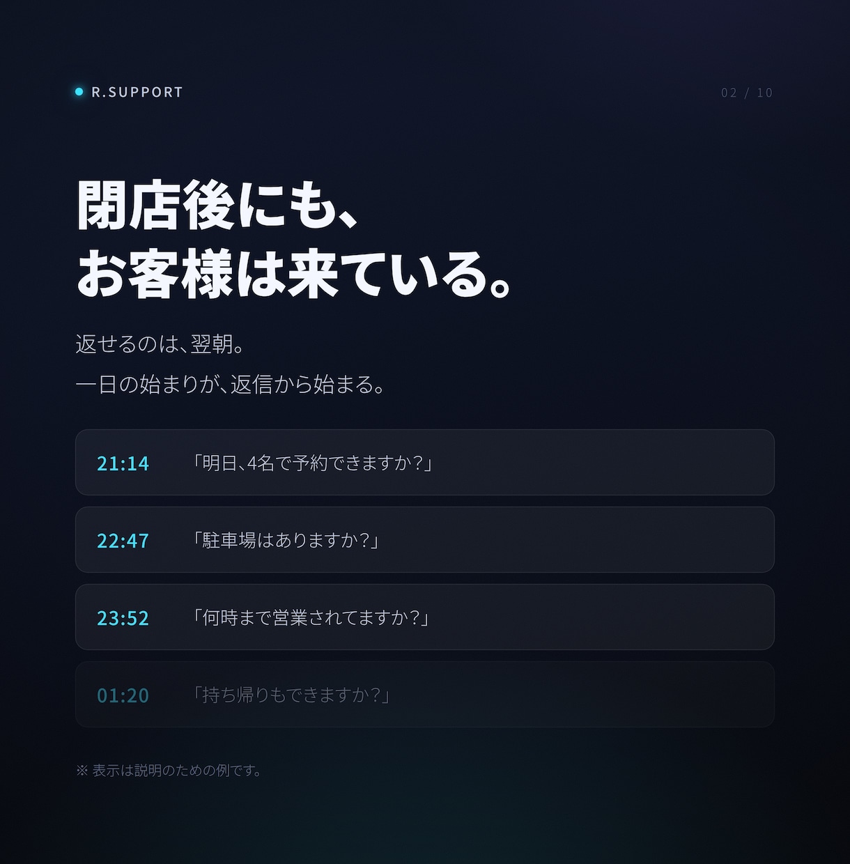 AI受付つきHP制作｜夜の問合せに対応します 閉店後の問い合わせを、朝いちばんの1タップに。 イメージ2