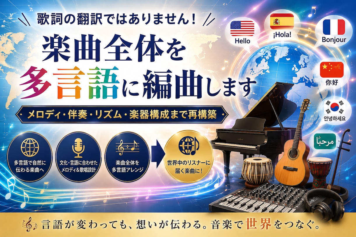 あなたのオリジナル曲を直接多言語に翻訳します 世界に届く歌詞翻訳で、あなたの音楽をグローバル展開！ イメージ1