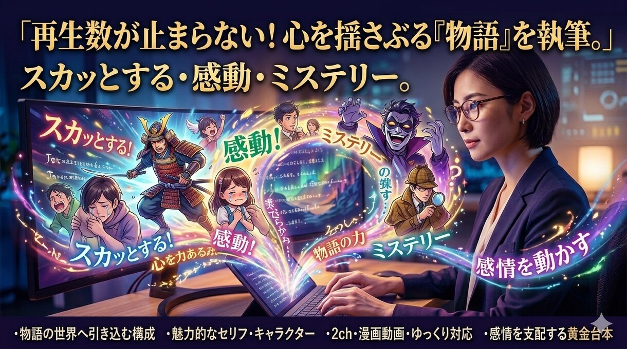 スカッとする・感動・ミステリー物語台本執筆します 視聴者を釘付け！スカッとする・感動・ミステリー動画の物語台本 イメージ1