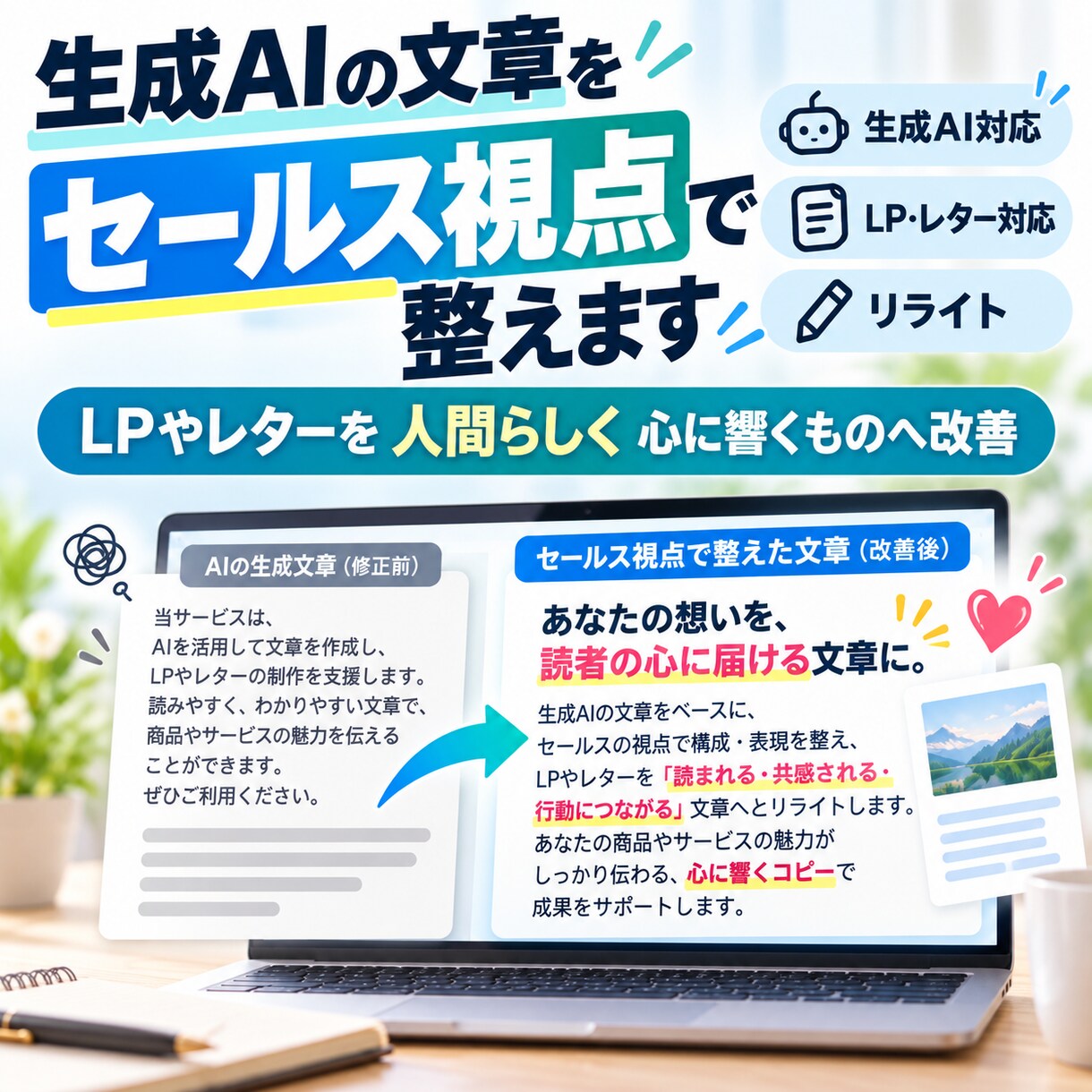 生成AIが作成した文章をセールス視点で整えます LP、商品説明、サービス紹介を人間らしい心に響くものへ改善 イメージ1
