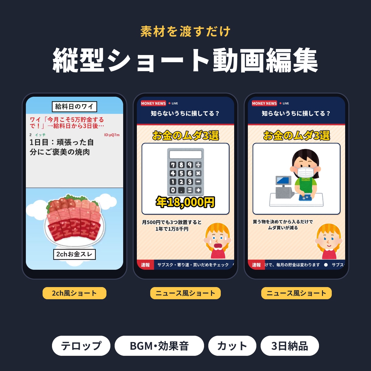 素材を渡すだけ！縦型ショート動画を編集します テロップ・BGM・効果音入り｜リール・TikTok対応 イメージ1
