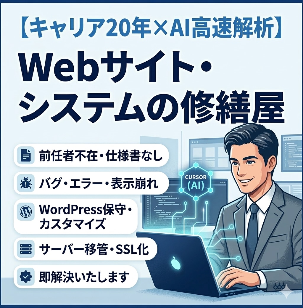 Webサイトの修繕屋｜前任者不在のバグ即解決します キャリア20年のエンジニアがAI活用で最短納品。保守も対応！ イメージ1