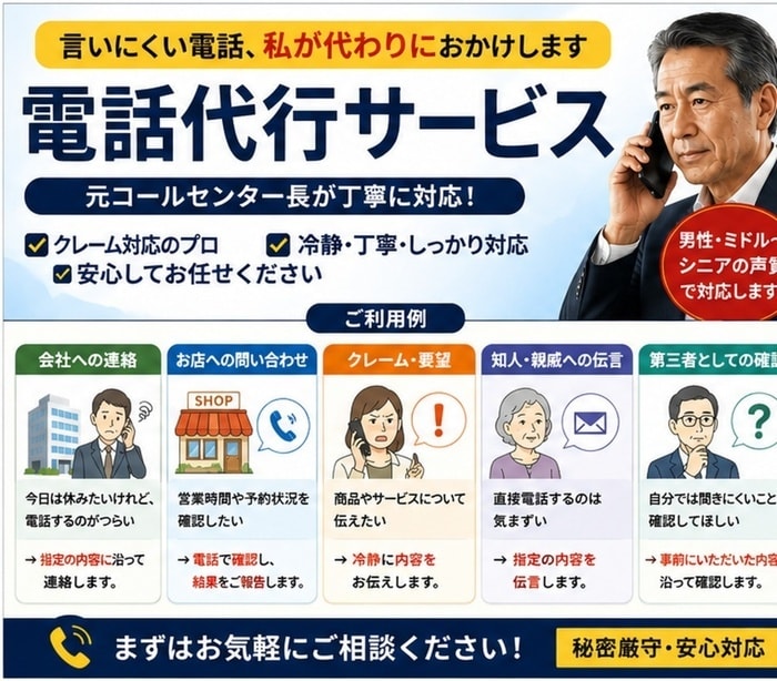 言いにくいこと、電話代行いたします 「自分では電話しにくい」その電話、私が代わりにおかけします。 イメージ1