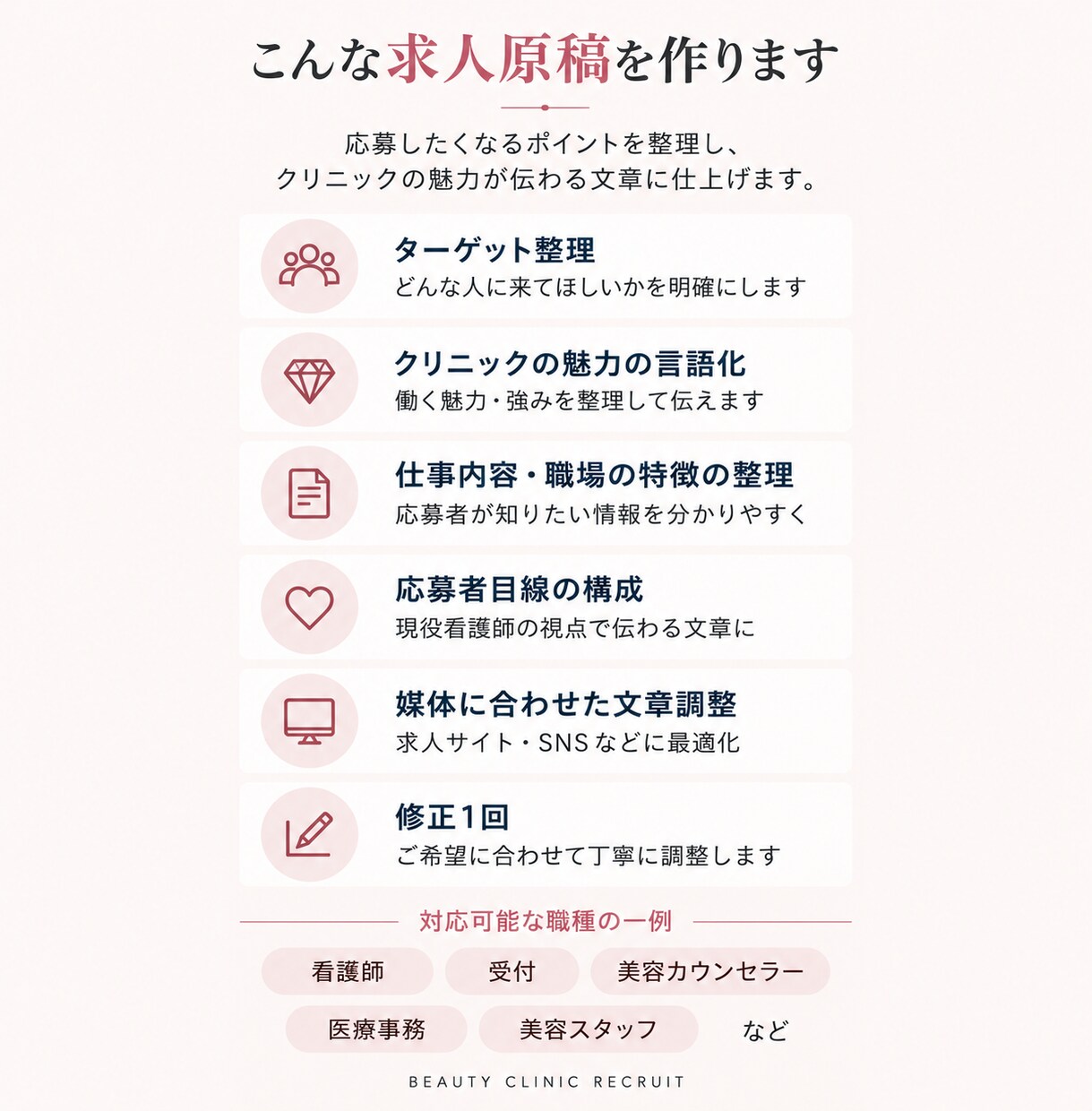 美容クリニックの求人原稿を看護師が作ります 看護師・受付・カウンセラーに伝わる採用文を作成 イメージ2