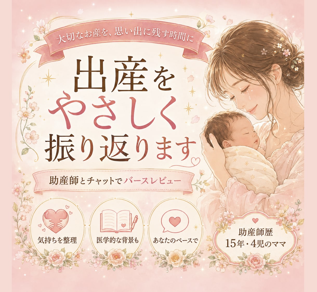 出産の体験を助産師と一緒に振り返ります モヤモヤも、嬉しかった記憶も、言葉にして整理します イメージ1