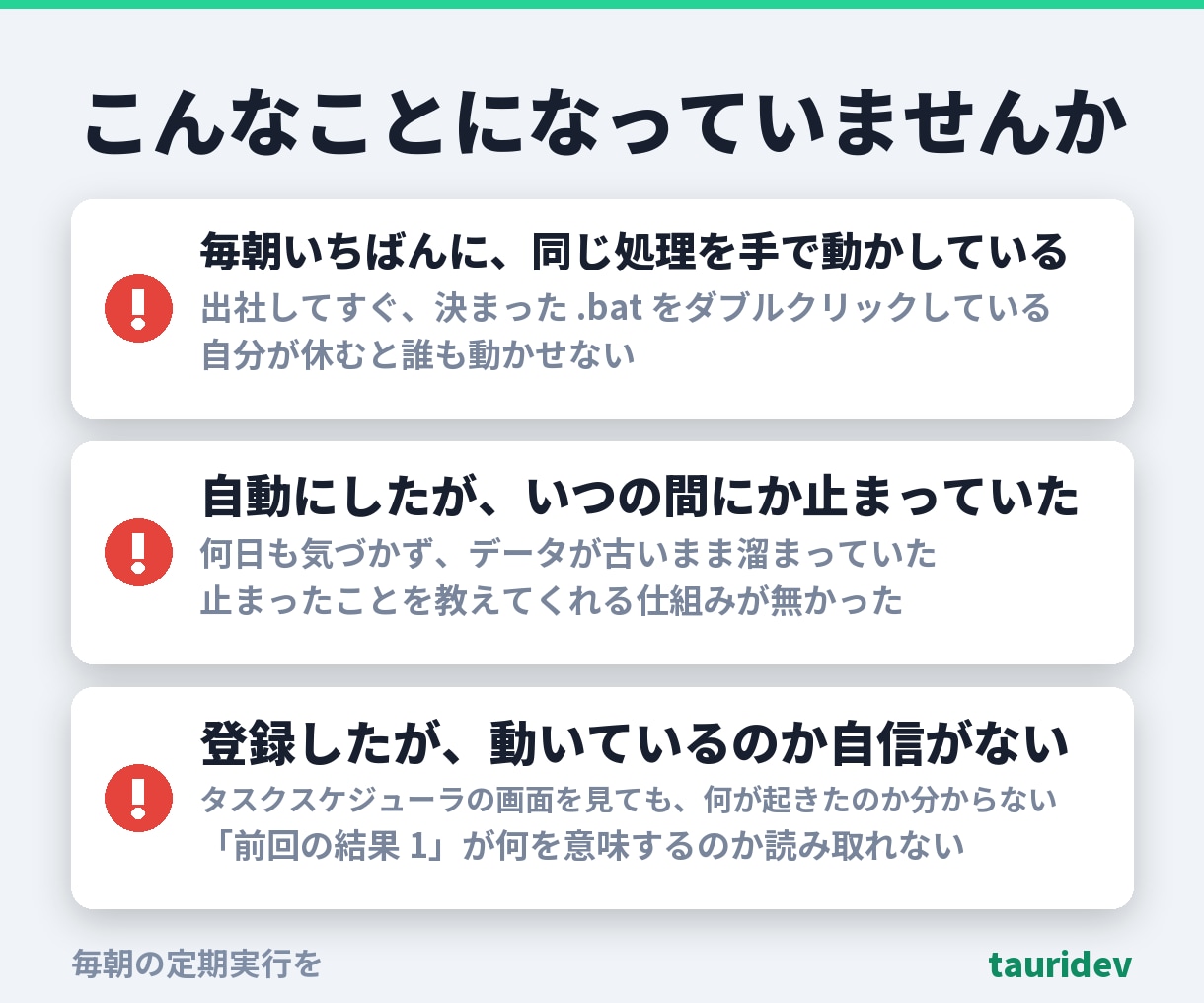 毎朝の定期実行を止まれば分かる形で組みます 動かなかった日が記録に残ります。総額表示・相談だけでもどうぞ イメージ2