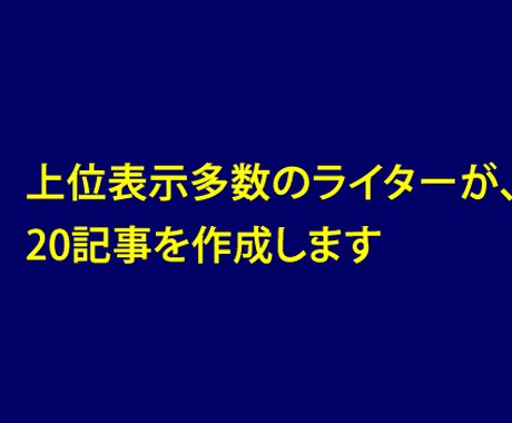 上位表示実績多数のライターが、20記事を作成します どんなジャンルもOK。現在稼ぎやすいASPの案件リスト付き。 イメージ1