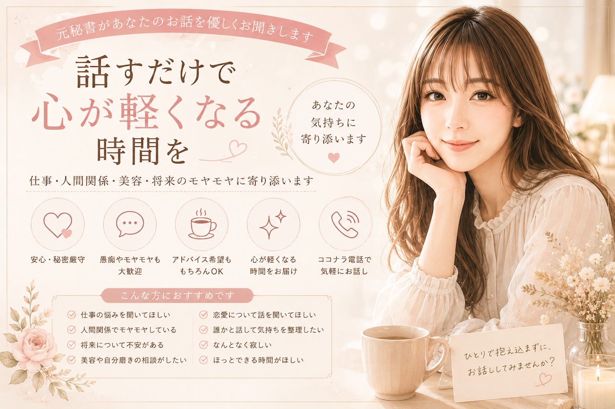 女性のお悩みやモヤモヤを優しくお聞きします 話すだけで心が少し軽くなる時間を イメージ1