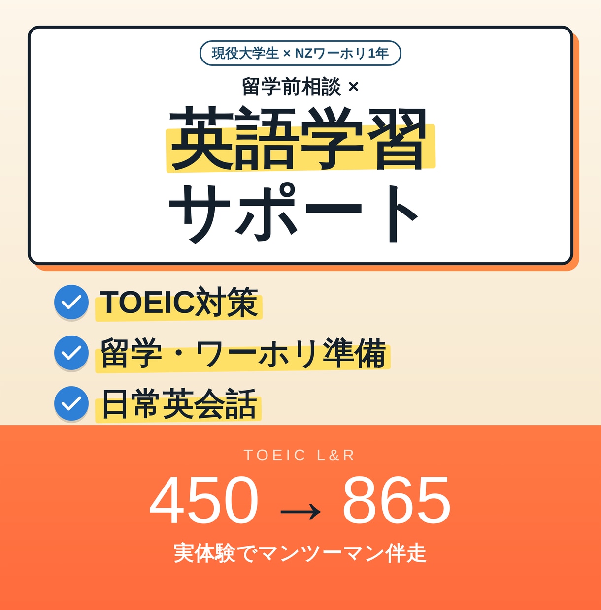 留学前相談×英語学習サポートします NZワーホリ1年+TOEIC865の経験で、学習をサポート イメージ1