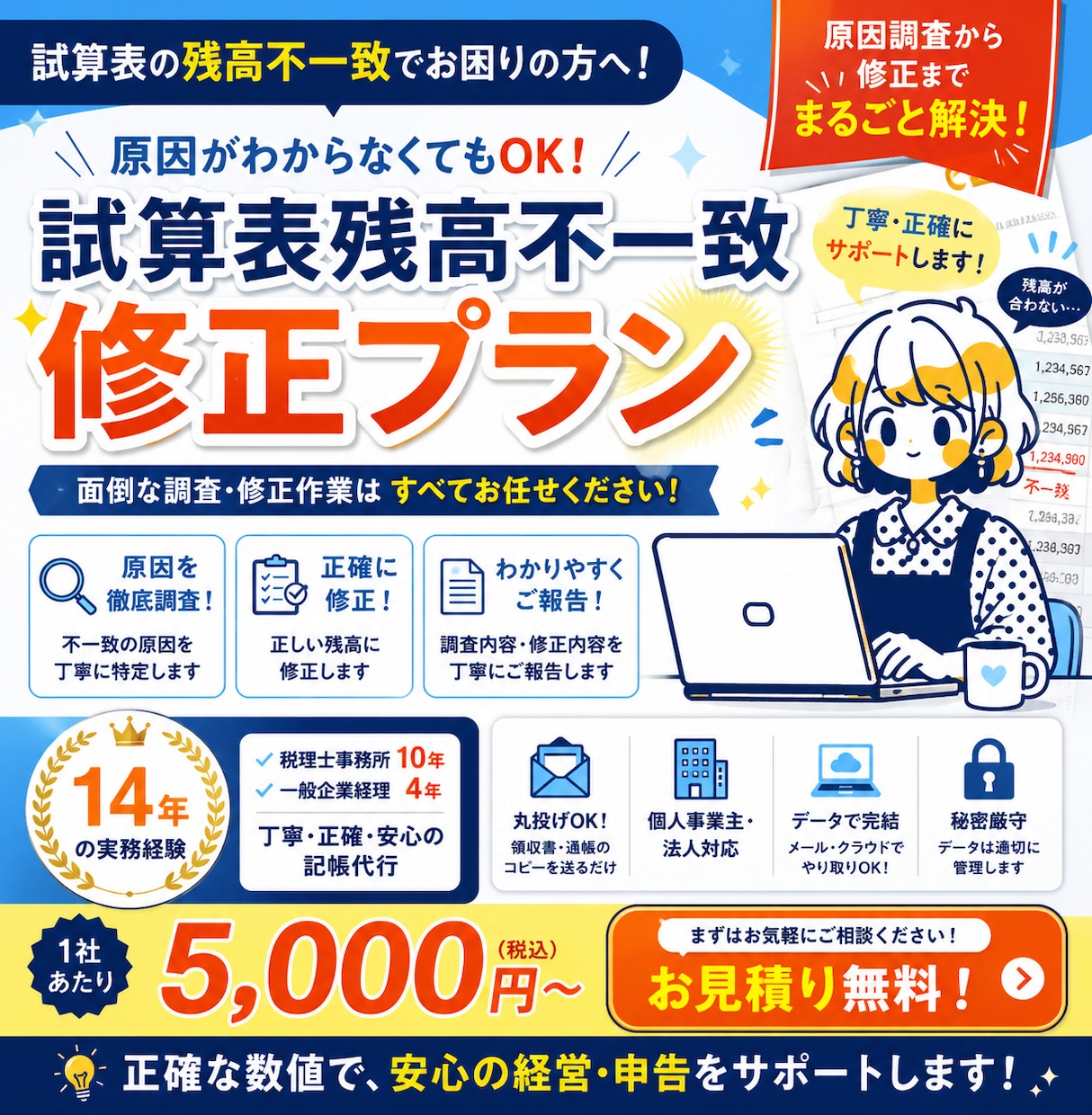試算表のズレ修正します 試算表の数字が合わない…原因を特定し、丁寧に修正します！ イメージ1