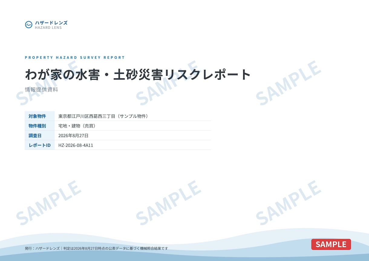 ハザードマップ調査｜わが家の災害リスクを調べます 住所だけでOK。浸水・土砂・避難場所を調べてPDFでお届け イメージ1