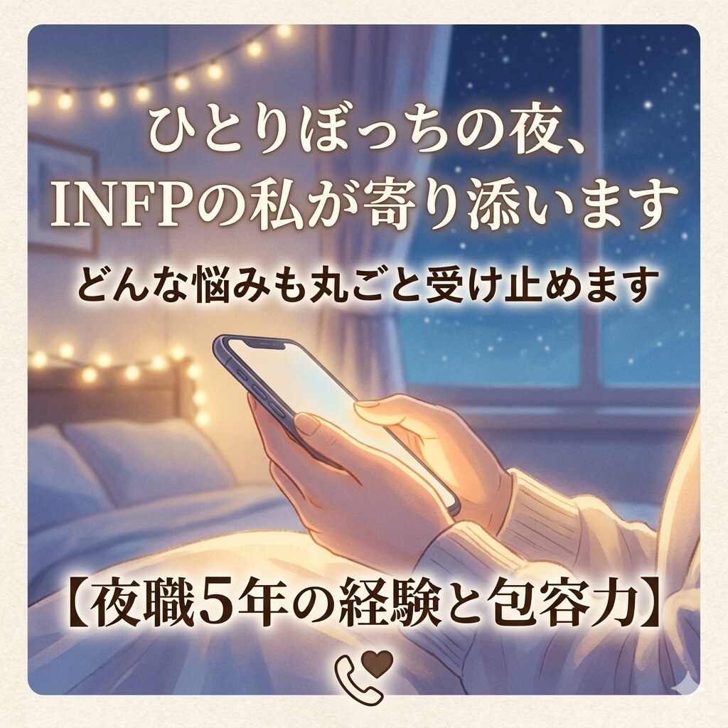 孤独や不安を感じる夜、私が優しく寄り添います 「わかってほしい」その気持ち、INFPの私が1番に理解します イメージ1