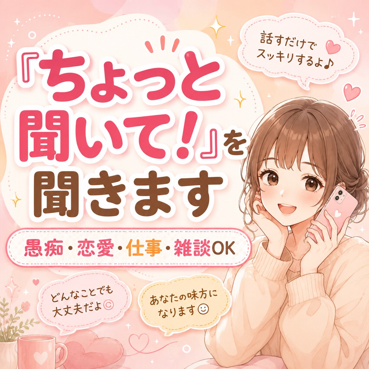 愚痴・恋愛・仕事・OK｜ちょっと聞いて！を聞きます とりあえず、その愚痴ここに置いていきませんか？ イメージ1