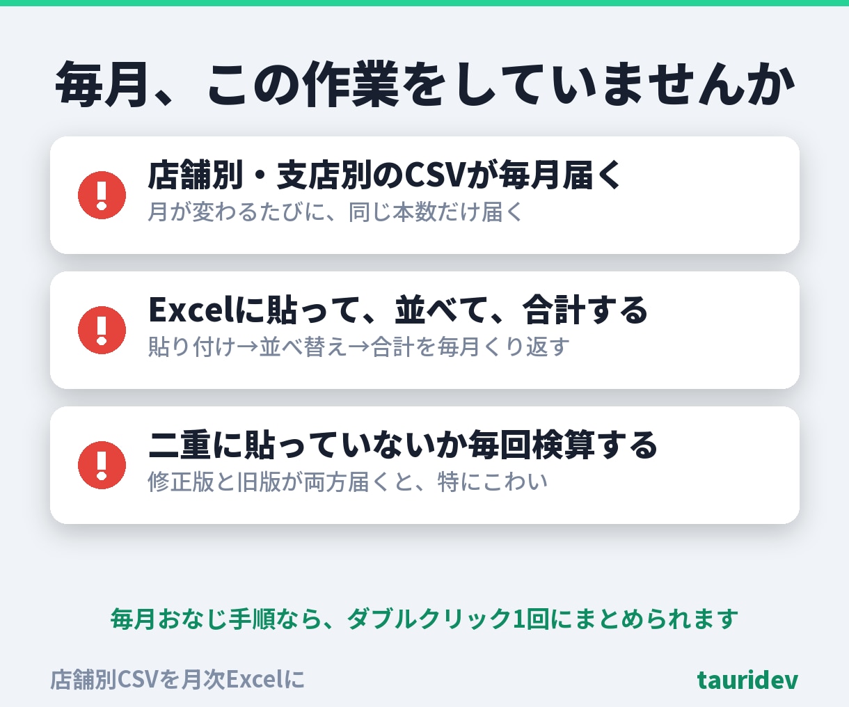 複数の売上CSVを1つの集計表にまとめます 店舗別CSVをダブルクリック1回で月次Excelに。総額表示 イメージ2