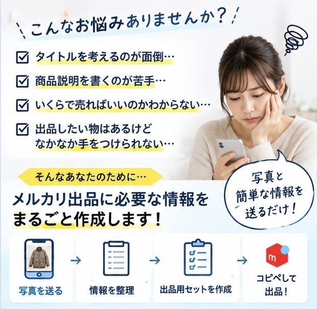 メルカリ出品を写真を送るだけで丸ごとサポートします 写真を送るだけ！面倒なメルカリ出品をラクにします イメージ2