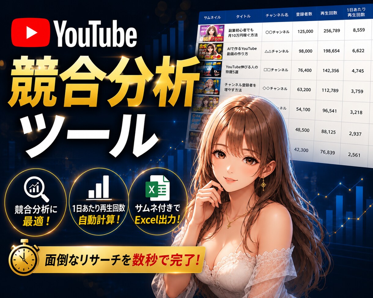 YouTube人気動画リサーチ1分でできます サムネ付きExcelで競合分析を効率化 イメージ1