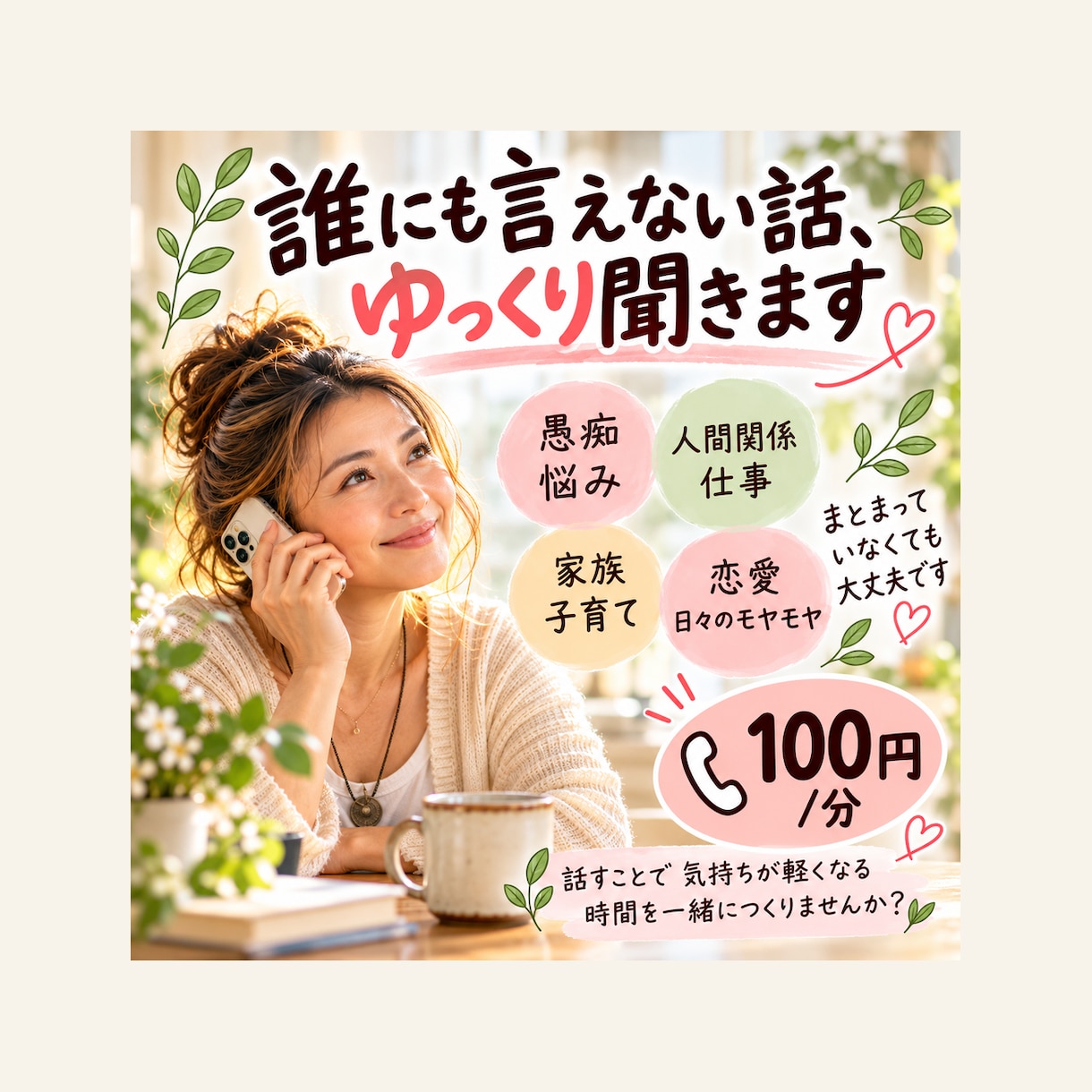 誰にも言えない話、ゆっくり聞きます 愚痴も悩みも、まとまってなくて大丈夫。ゆっくりお話しください イメージ1