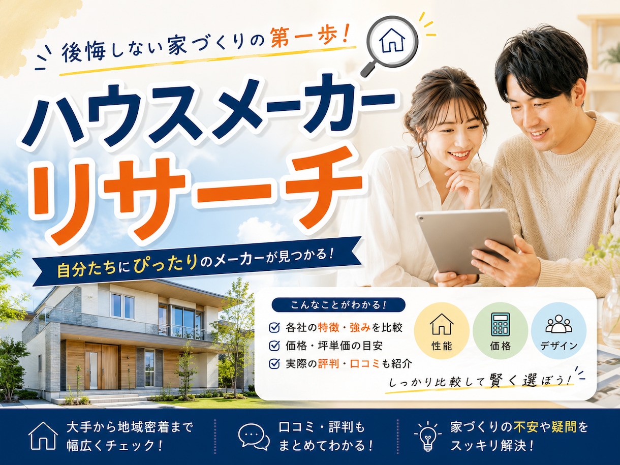 住宅会社の購入リサーチお手伝い致します 気になるハウスメーカー2社を徹底比較！！ イメージ1