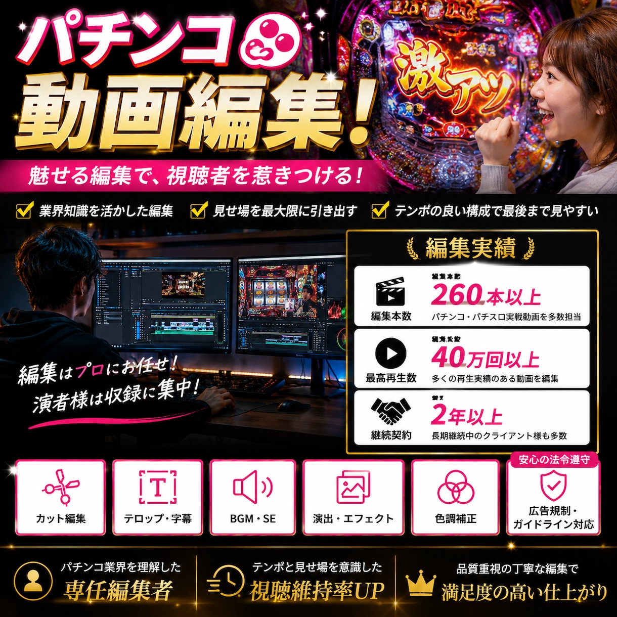 パチンコ・パチスロ動画編集します 業界知識を活かし見せ場を最大限引き出します イメージ1