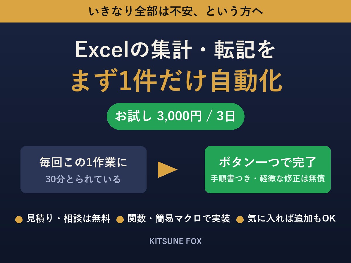 Excelの面倒な集計・転記を1件だけ自動化します まずは1件だけ。小さく試せる自動化です イメージ1