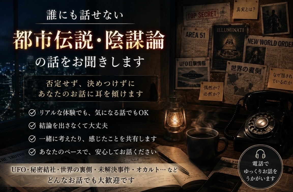 都市伝説・陰謀論のお話をじっくりお聞きします 否定も断定もせず、気になる説や考えを共有します イメージ1