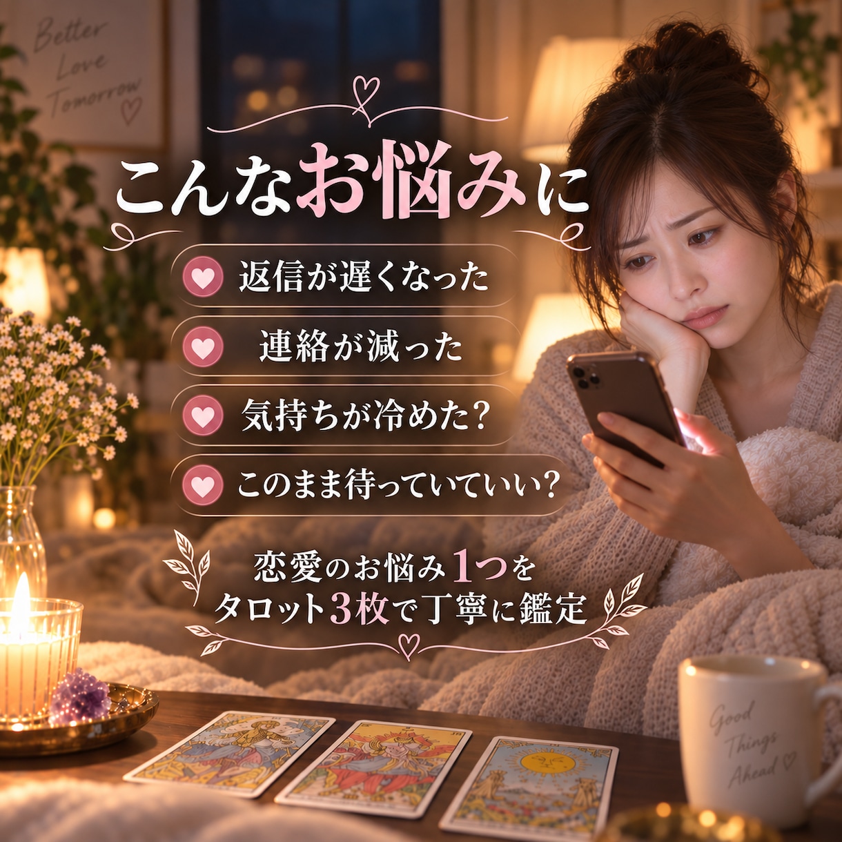 返信が遅い彼の気持ちをタロットで読み解きます 彼の気持ちが見えず不安なあなたへ、3枚で丁寧に鑑定 イメージ2
