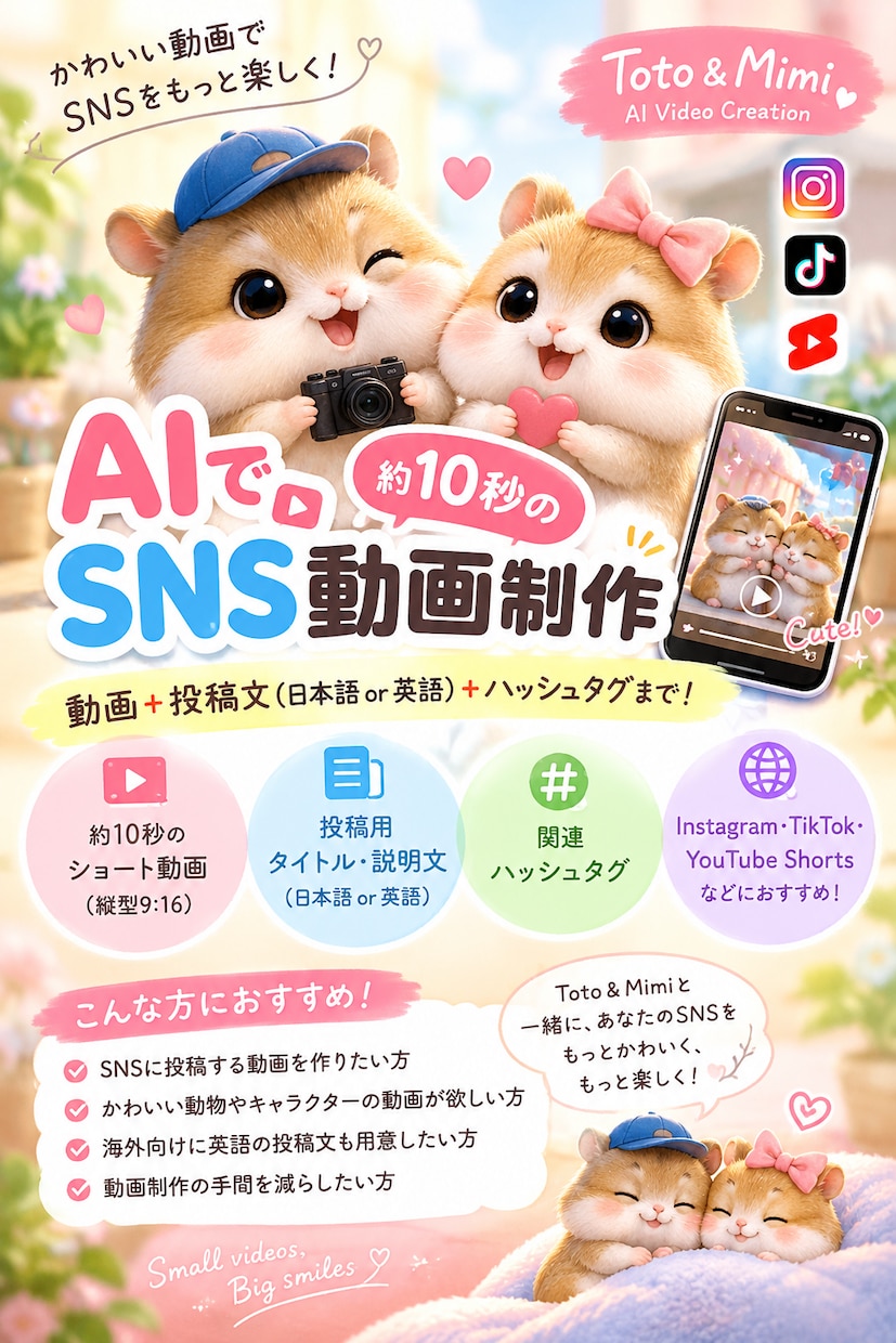 AIでSNS向けの10秒動画を制作します 日本語・英語の投稿文とタグもお付けします！ イメージ1