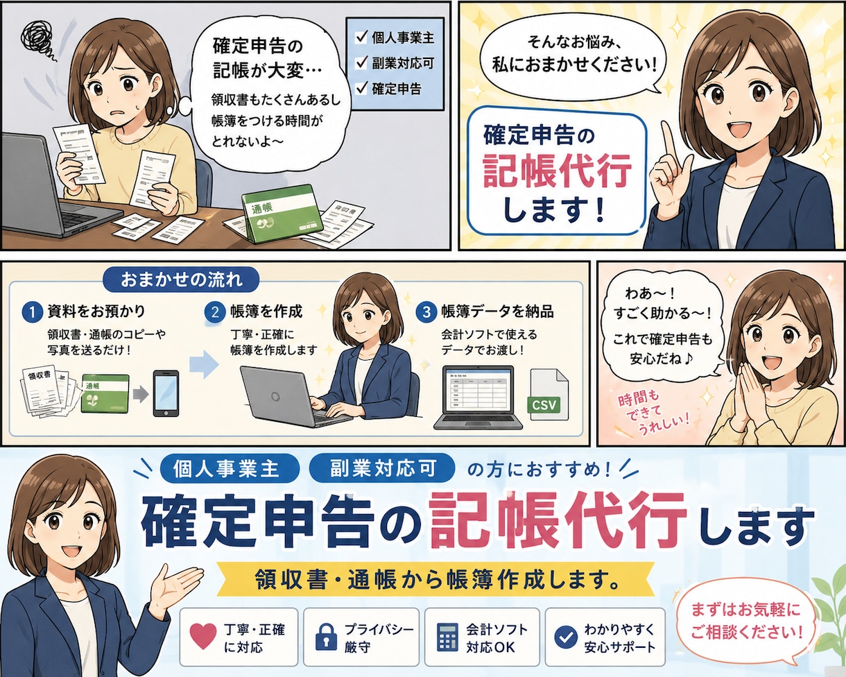 個人事業主、副業対応可確定申告の記帳代行します 確定申告の記帳代行します｜領収書・通帳から帳簿作成します イメージ1