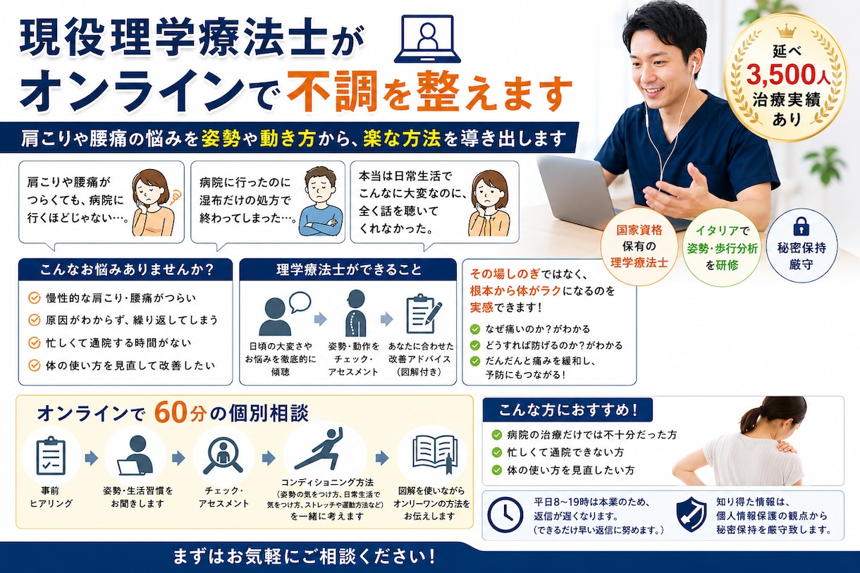 現役理学療法士がオンラインで不調を整えます 肩こりや腰痛の悩みを姿勢や動き方から、楽な方法を導き出します イメージ1