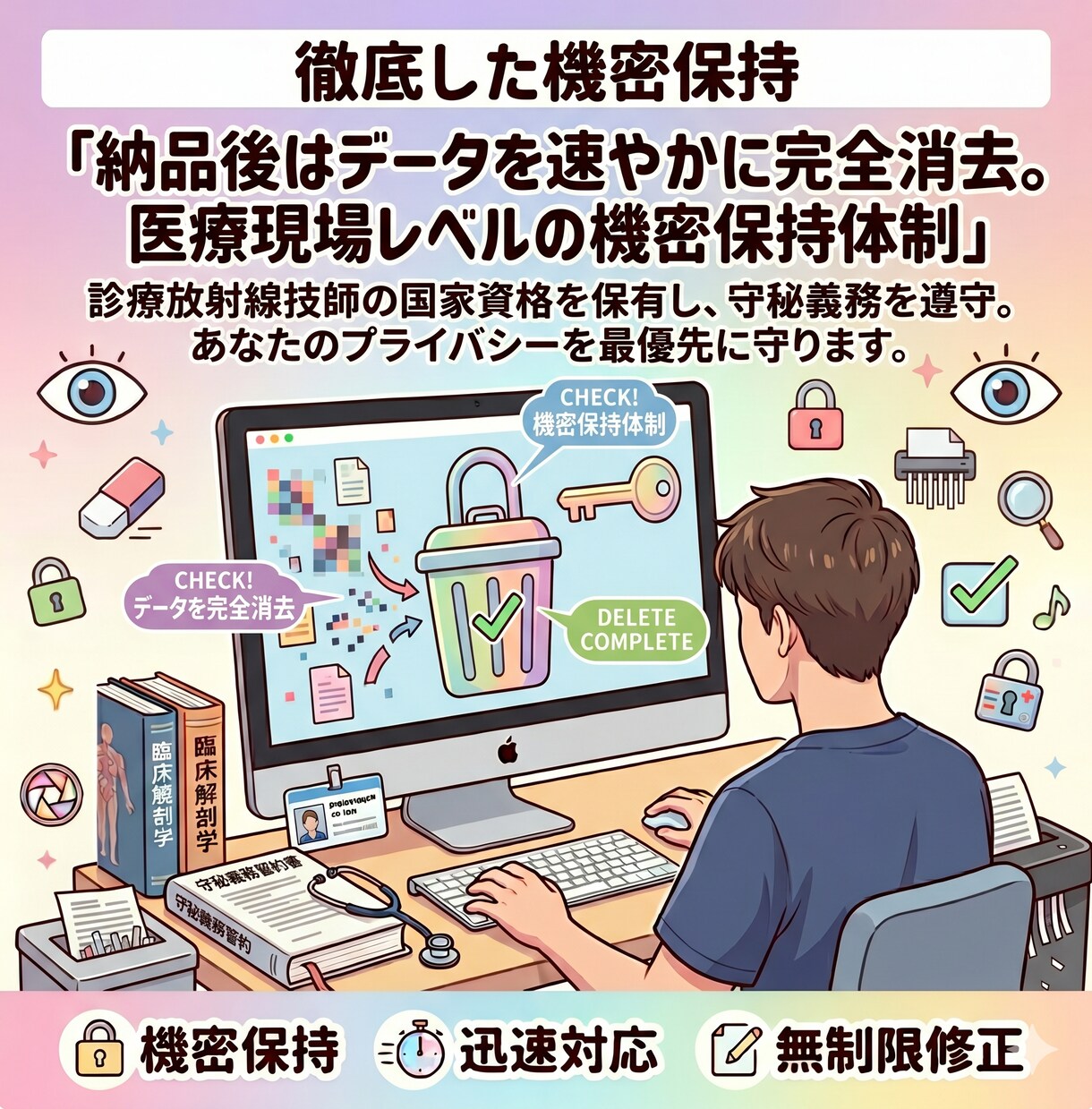 モザイク入れ＆特定防止チェックをプロが代行します 医療系編集の緻密さで反射・背景・音を徹底ガード。 イメージ7