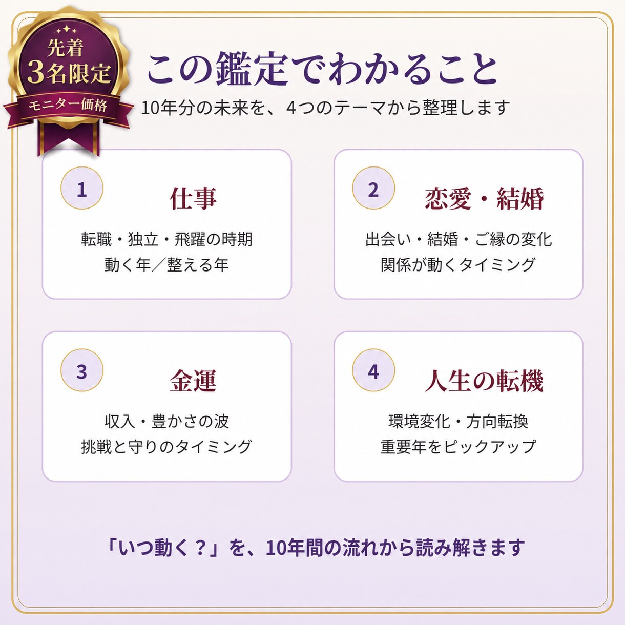 これから10年間の未来と転機を詳しく鑑定します 仕事・恋愛・金運まで年ごとの運気を徹底解析 イメージ6