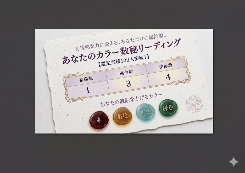 私なんてを卒業。自分が大好きになる鑑定書届けます 劣等感をポイ。数字と色で笑顔溢れる毎日へ全力ガイドします イメージ2
