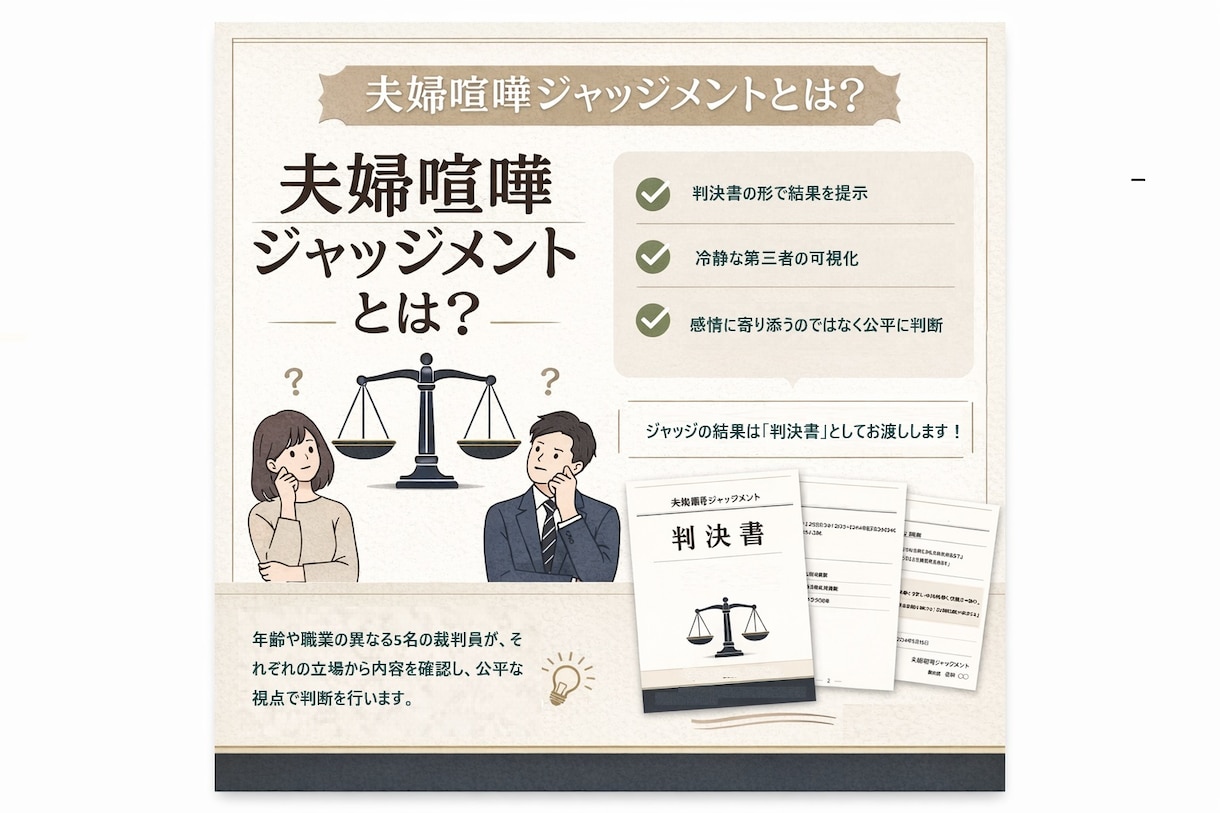 夫婦喧嘩を5名以上の視点でジャッジします 夫婦喧嘩を第三者視点で冷静にジャッジ｜夫婦喧嘩ジャッジメント イメージ2