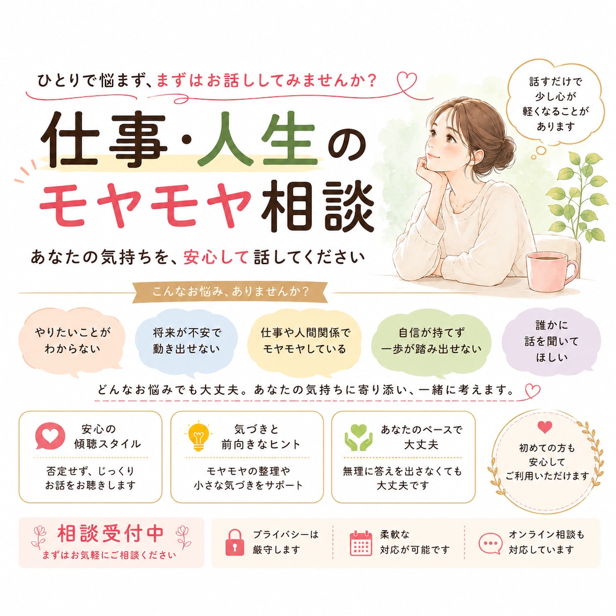 仕事・人生のモヤモヤ、あなたの話をじっくり聞きます このままでいいのかな？そのモヤモヤを一緒に整理します イメージ1