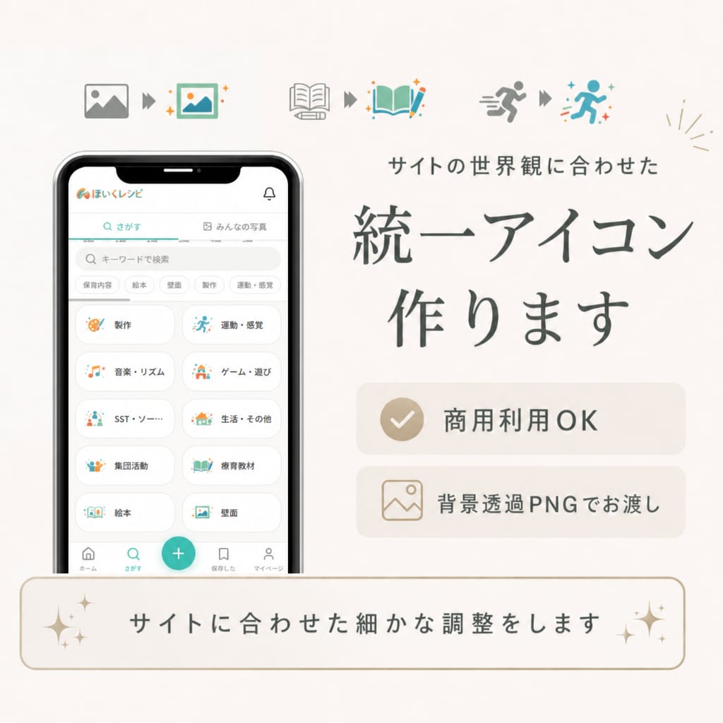 サイトの世界観に合う統一アイコン作ります ロゴやサイトの雰囲気に合わせた調整で統一感のあるアイコン イメージ1