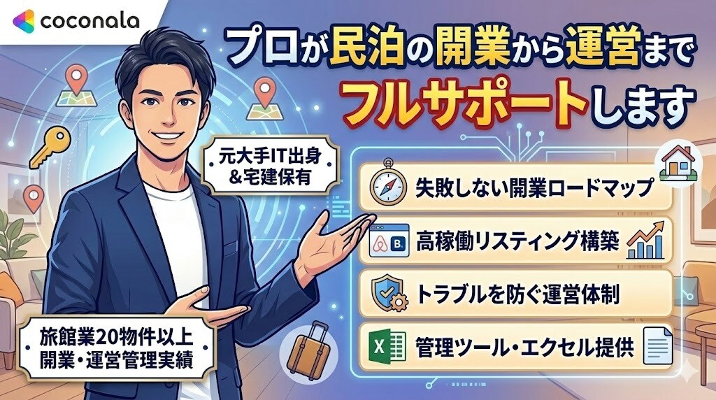 経験豊富なプロが民泊開業から運営フルサポートます 実戦で築いたノウハウを公開。最短・最速での収益化を支援します イメージ1