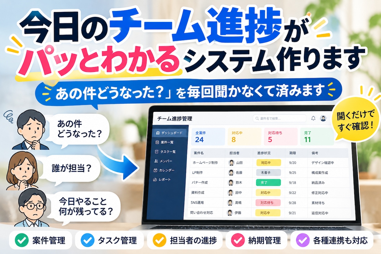 今日のチーム進捗がパッとわかるシステム作ります 「あの件どうなった？」を毎回聞かなくて済みます イメージ1