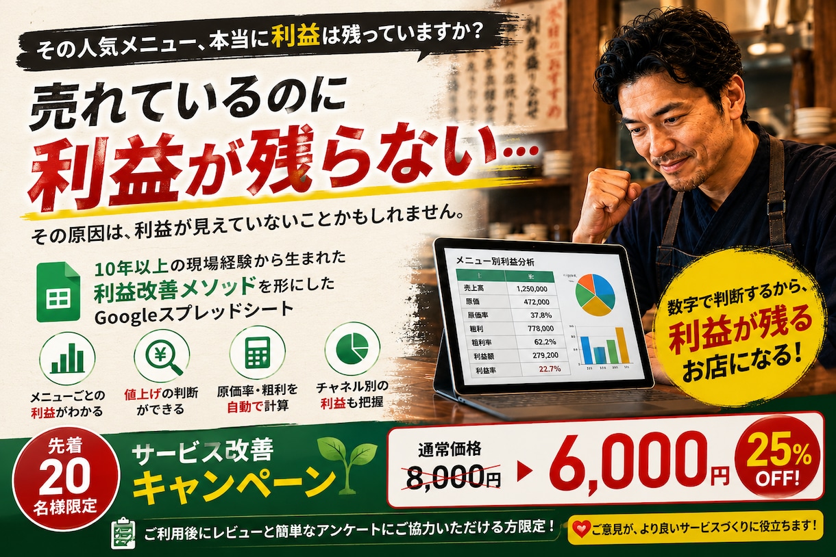 原価計算　限定モニター6,000円　で利用できます 先着20名様限定　サービス改善キャンペーン！ イメージ1