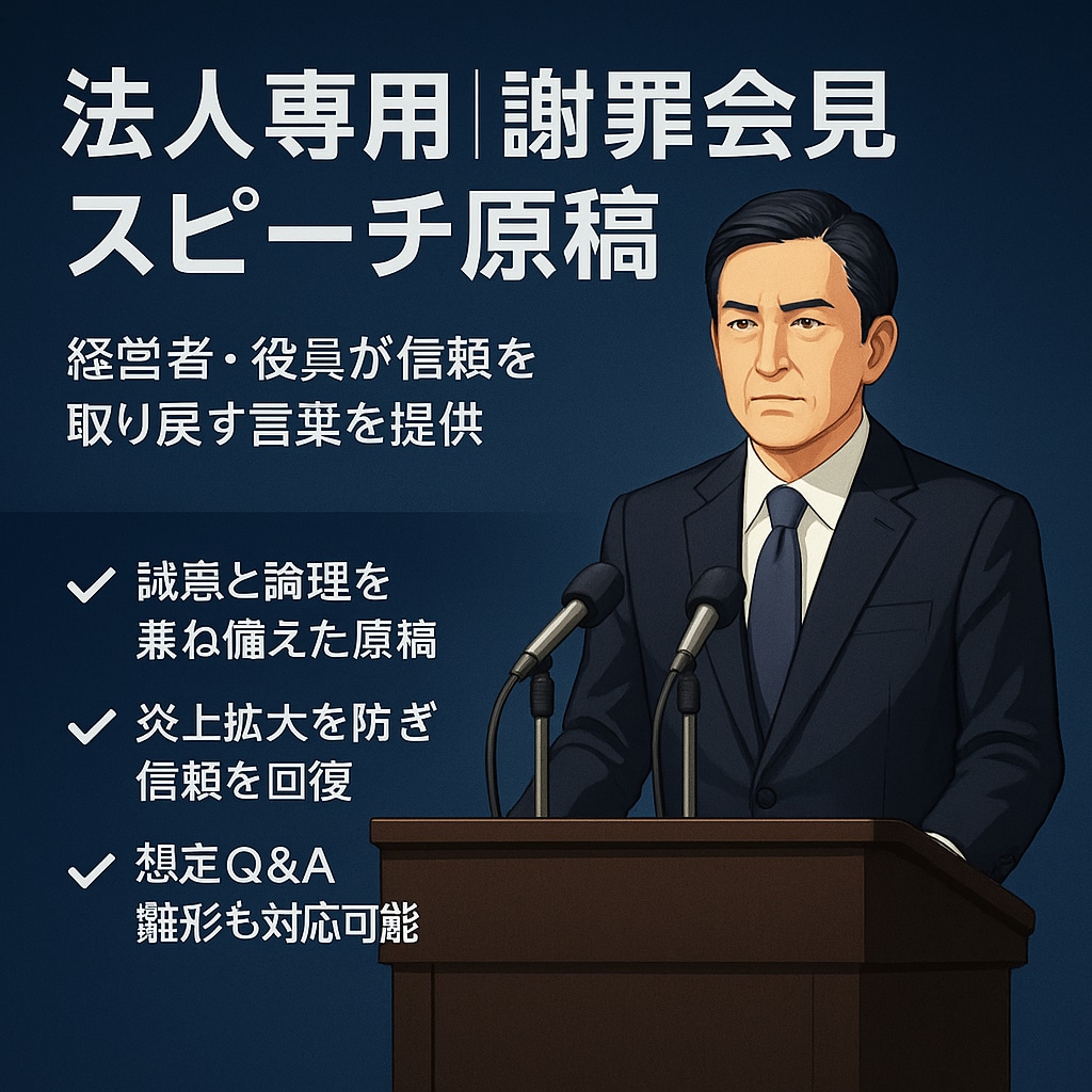 法人専用 謝罪会見スピーチ原稿を作成します 炎上対応の最前線 経営者が信頼を取り戻すための言葉を提供。 イメージ1