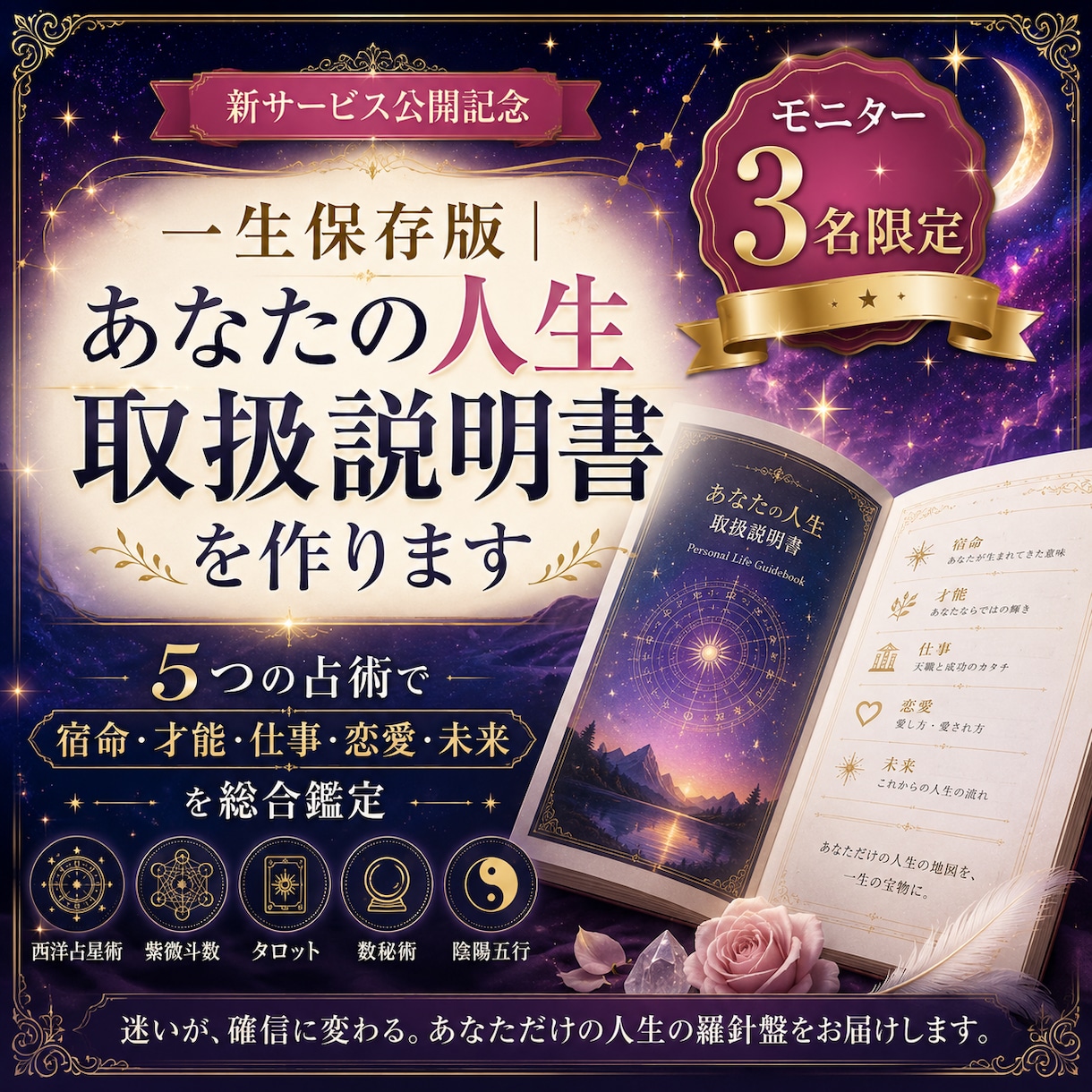 一生保存版｜あなたの人生取扱説明書を作ります 5つの占術で宿命・才能・仕事・恋愛・未来を総合鑑定 イメージ1
