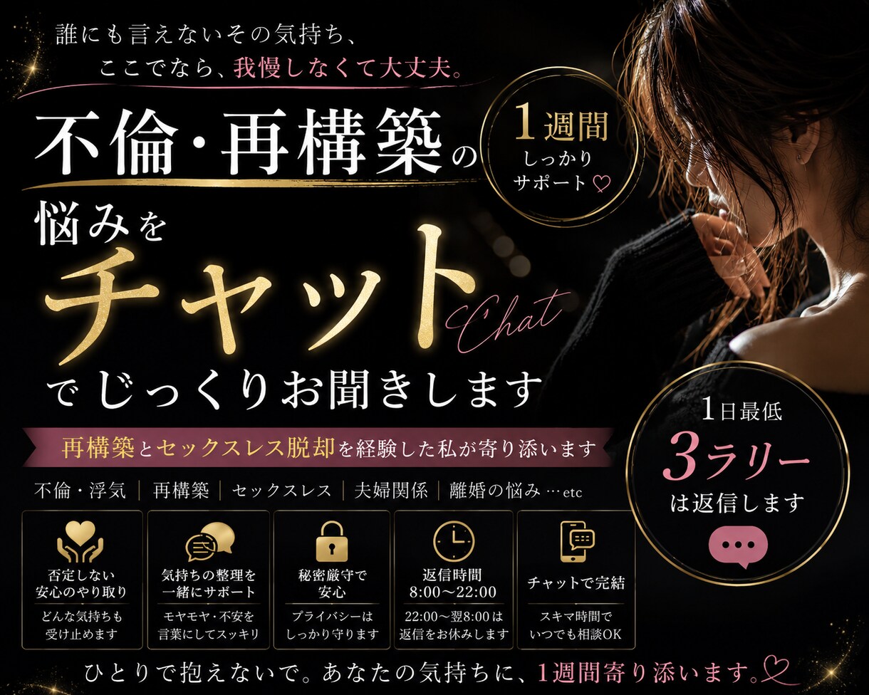 不倫・再構築の悩みを1週間相談できます 再構築とセックスレス脱却を経験した私が1週間寄り添います イメージ1