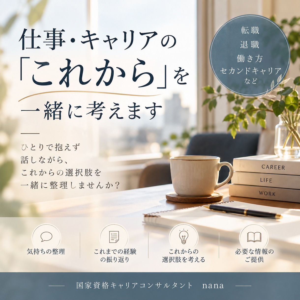 仕事・キャリアの『これから』を一緒に考えます 転職・退職・働き方など、仕事の悩みを幅広くお聴きします イメージ1