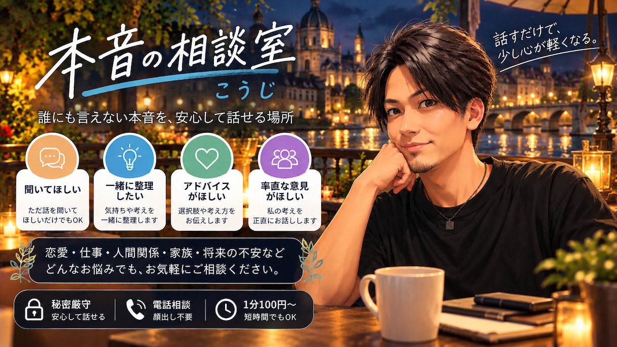 誰にも言えない本音や悩み、否定せずに聞きます 話を聞いてほしいだけの日も、あっていいと思います。 イメージ1