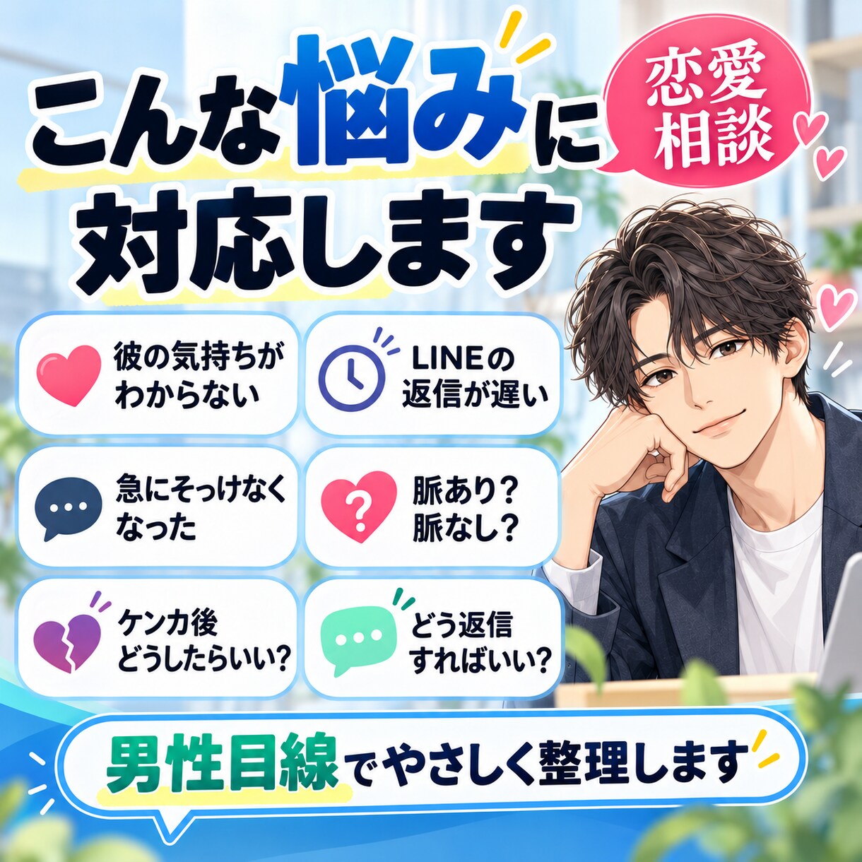 彼のLINE・行動から男の本音を一緒に読み解きます 「これってどういう意味？」を男性目線で一緒に整理します。 イメージ2